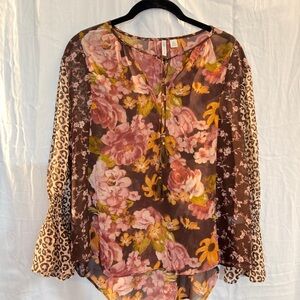 Cato Womens XS Top Floral Leopard Sheer Office Pink Brown V Neck Peasant Boho